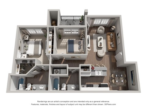 Floor plan for 2 beds, 2 baths, 1005 sqft